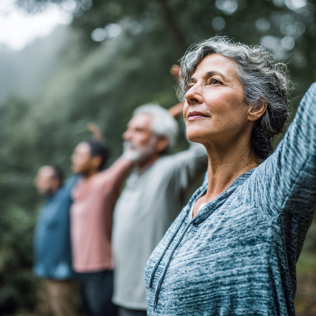 Middle-aged adults practicing gentle movement exercises in natural environment