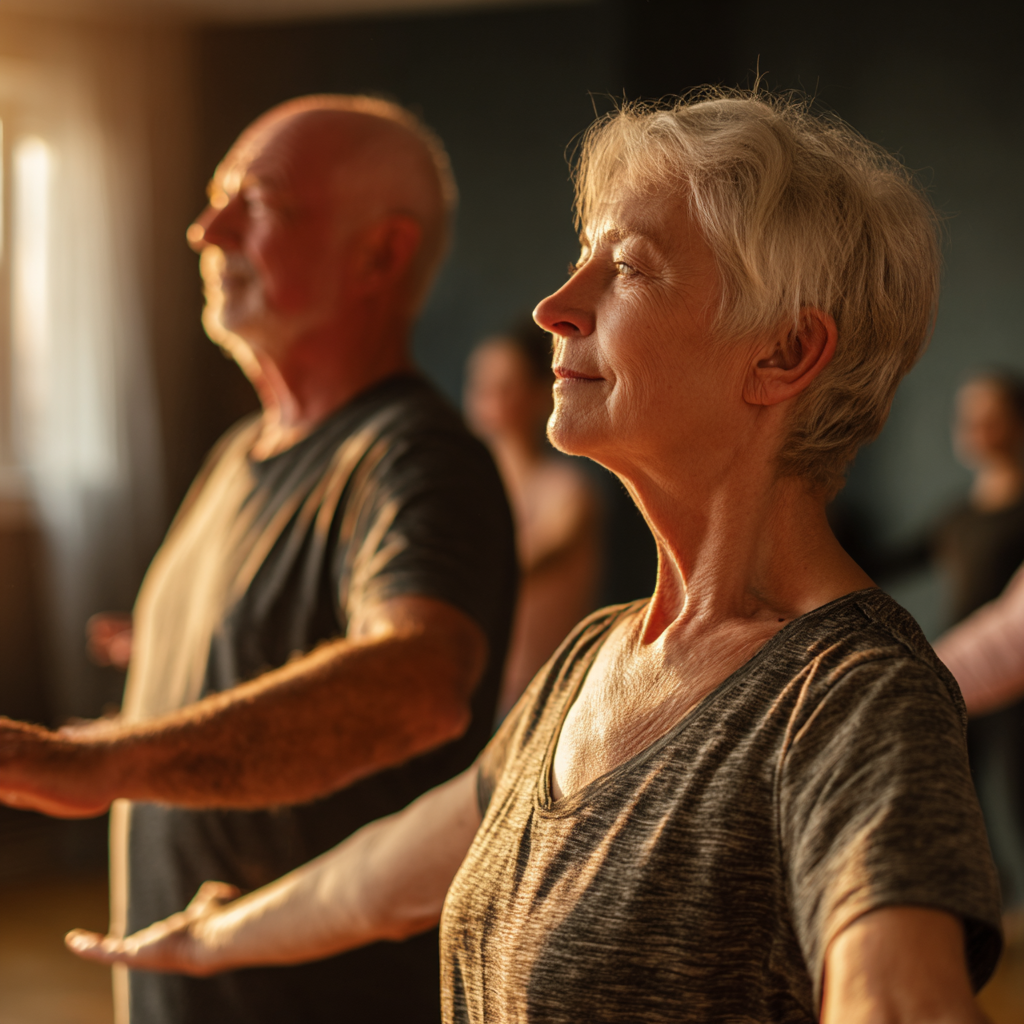 Older adults engaging in mindful movement and strength training in serene environment